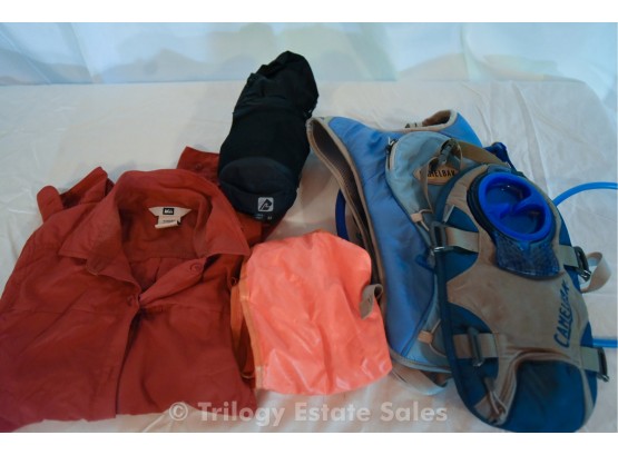 Assorted Hiking Gear Camelbaks,Shirts,Rain Pants