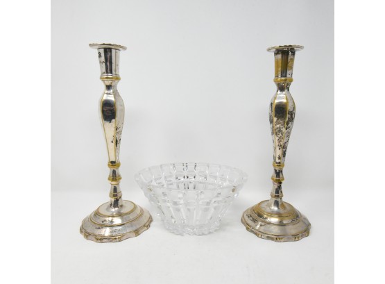 SIlver Plated Candlesticks & Crystal Bowl