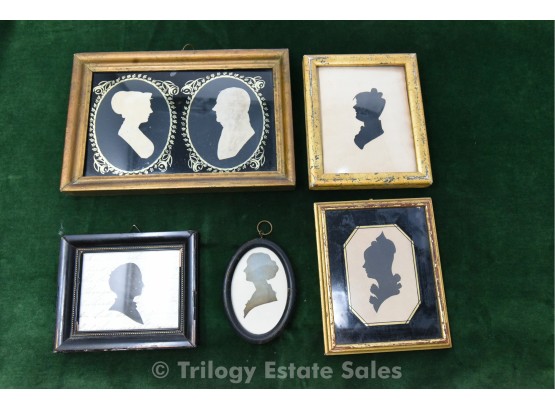 Five Antique Framed Silhouette Portraits: Men And Women
