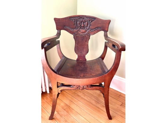 Antique Carved North Wind Blowing Curved Wood Seat Chair - Prop From Woody Allen Movie