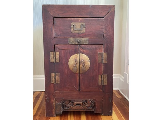 Asian Carved Tall Wood Chest With Ornate Brass Accents - 1 Drawer And Bottom Swing Doors