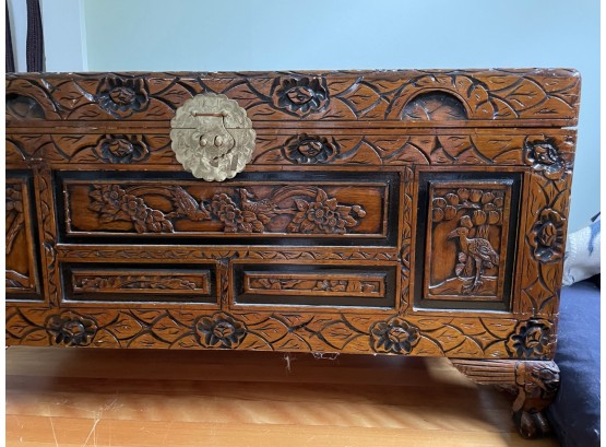 Ornate Carved Asian Style Wood Chest Box Ball And Claw Feet