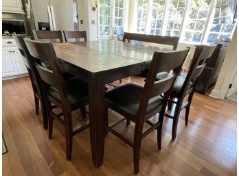 Large Country Style Kitchen Wood Table With Internal Collapsible Leaf & 6 Chairs & 1 Long Bench