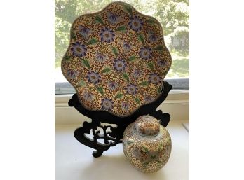 Two Piece (2) Decorative Asian Lot - Plate On Stand & Urn