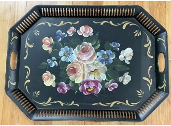 Antique Black Tole Table Tray Platter -  Hand Painted Flowers