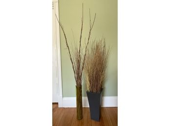 Two (2) Tall Decorative Vases - 1 Glass  & 1 Brass With Tall Seagrass Twig Branches