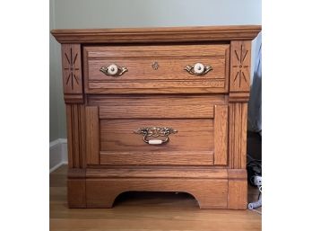Wood Nightstand Carved With Porcelain Knobs And Handle