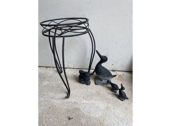 Metal Plant Stand With Heavy Iron  Garden Ducks And Bunny..G