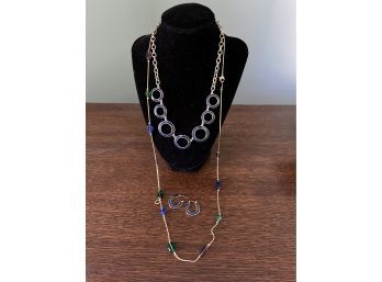 Trifari Blue/Gold Enamel Necklace & Earring Set Plus Gold Tone & Glass Necklace..B192