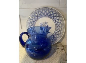 Spode England Geranium Blue And White Cake Plate With Blue Glass Pitcher..K43