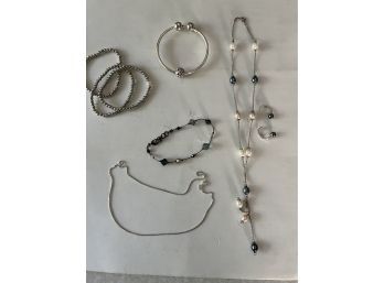 Silver Tone And Blues - 3 Bracelets, 1 Earring Set And 2 Necklace Lot.. BR200