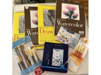 Art Supplies - Brushes, Four Paper Tablets, Water Color Cakes..K99
