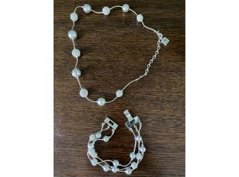 Silver Tone & Rhinestone Anne Klein Necklace & Bracelet Set..BR198