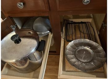 Two Drawers: 8 Qt. Revere Pot With Cover, Spatter Screen Sifter, Chopping Block, Etc...K80