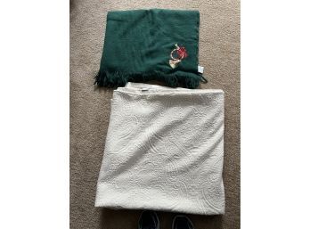The Company Store Cream Quilt & Green Virgin Wool Holiday Blanket..2BR264