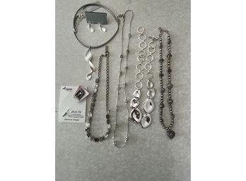 Silver Tone Costume Jewelry Lot - One Choker & Earring Set, 1 Amar Necklace, 1 Stick Pin, 3 Necklaces..BR185