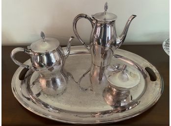 Gorham 4 Piece Silver Plate Set Includes Coffee Pot, Tea Pot, Sugar Bowl And Serving Tray..LV32