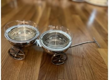 Miniature Silver Plate Pull Cart With Glass Condiment Bowls..DR122