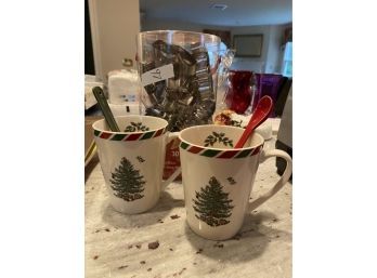 Christmas Cookie Cutter Set And Two Spode Christmas Mugs With Matching Spoons ..K97