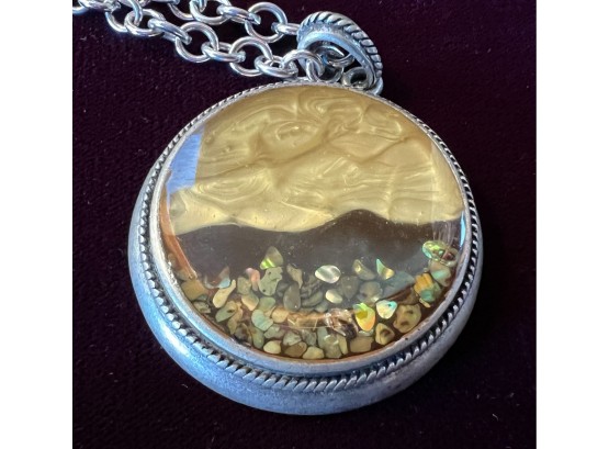 Large Unique  Hand Crafted Sterling Medallion Landscape Scene Abalone Chips & Other Stones On Chunky Chain
