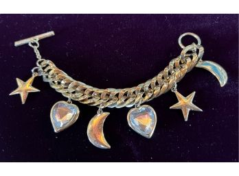 Chunky Stars And Moons & Crystal Hearts Vintage Charm Bracelet Toggle Clasp