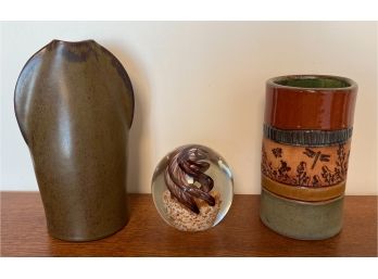 LOT (3) Pieces - 2 Pieces Of Signed Pottery & 1 Glass Paperweight