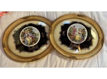 Pair (2) Vintage Oval Gold Framed Porcelain Shadow Box Rounded Glass Courtships