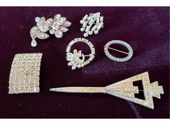 LOT (6) Vintage Silver And Rhinestone Pins & Brooches  (1) Shoe Clip
