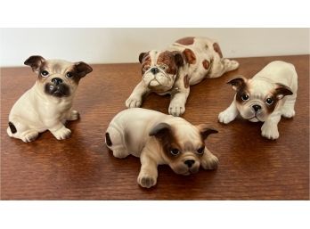 English Bulldog Lot (4) Four Figurines 3 Josef Puppies & 1 Enesco Adult Laying Down
