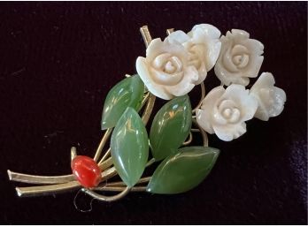 Vintage Swoboda Jade And Coral Carved White Floral Pin Brooch