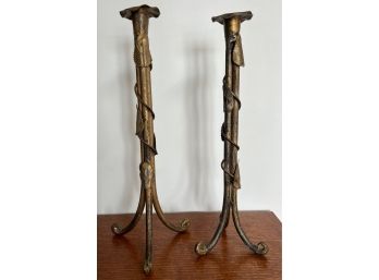 Pair Of Unusual Leaf And Vine Metal Tall Candlestick Holders With Feet