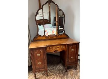 Fancy Carved Art Deco Vanity With Mirror 4 Drawers