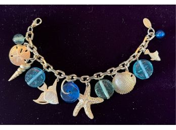 Playful Vintage Marie Demasi Ltd. Ocean Nautical Charm Bracelet Gold Glass Charms Shells Starfish