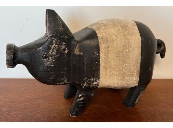 Folk Art Signed Carved And Hand Painted Carved Wood Pig Black & White