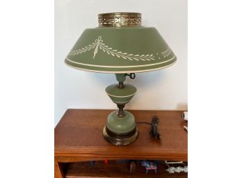 Vintage Green Metal Hurricane Lamp - WORKS - 18' Tall Needs Chimney Glass Replacement