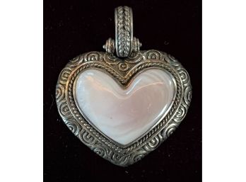Chunky Large .925 Sterling Silver With Pink Stone Heart Pendant
