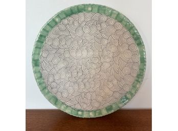Circling Geometric Design White And Mint Green Pottery Platter Marked 13' Diameter