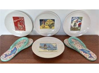 LOT (6) Pottery Barn (4) Hawaiian Plates & Pair Porcelain Flip Flops (2) Key West Wall Decor
