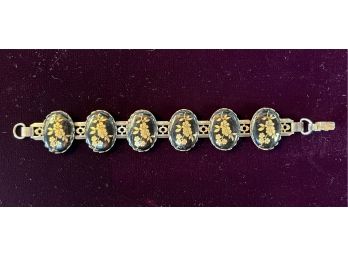 Victorian Style Gold Plate Oval Cameo Floral Black And Gold Link Bracelet