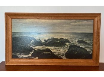 Vintage Robert Wood Ocean Sea Oil Board Framed Ship On Horizon 27' X 15'