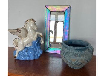 Lot (3) Pieces - Ceramic Flying Unicorn Pegasus - Stained Glass Wall Mirror & Blue Clay Pottery