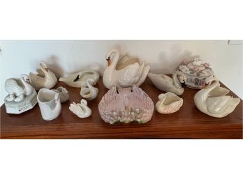 LOT (13)  Miscellaneous Swan Figurines - Otagiri Music Box - Trinket Box - Lenox & Lefton