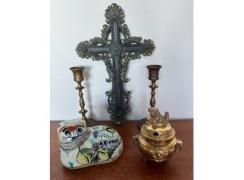 Lot (5) Pieces Brass Candlesticks - Mexican Colorful Painted Pottery Cat - Ornate Cross & Foo Dog Incense Pot