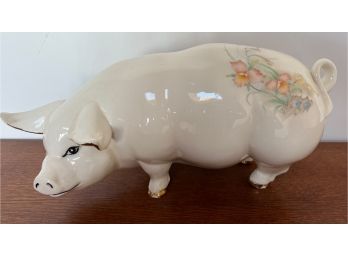 Large Marked Asian Decorative Hand Painted Fine Porcelain Pig Wonderful Expression Measures 12 Inches