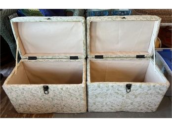 Pair (2) Vintage Upholstered Storage Chests Trunks Green Tapestry Lined