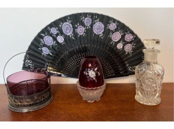 Vintage Vanity Lot (4) Pieces - Violet Glass Basket Fan Red Glass Candle Holder Cut Crystal Perfume Bottle