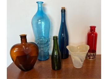 Lot (5) Pieces Colored Glass Bottles & 1 Vase