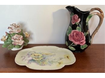 Vintage Floral Lot - Fitz & Floyd Vintage Black Pitcher Roses (small Chip) - Vanity Plate - Porcelain Flowers