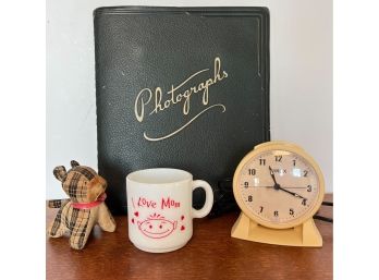 Vintage Lot - Photo Album - Timex Electric Clock - Stuffed Dog - I Love Mom Milk Glass Vintage Cup
