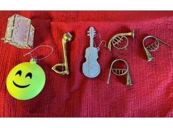 #8 Lot Of 7 Ornaments (5 Musical Instruments, Church & Yellow Smile Face)